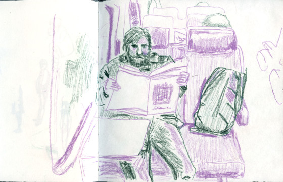 early sketch man reading paper on train