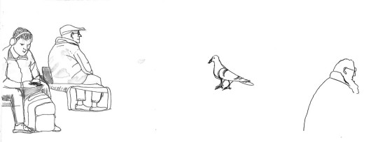 early sketch old man young man pigeon at utrecht central station by ellen vesters illustrator from utrecht