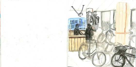 sketch of bike repair shop by ellen vesters illustrator ma childrens book illustration