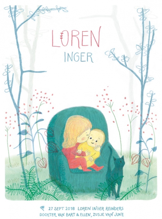 Birth announcement baby Loren by illustrator ellen vesters