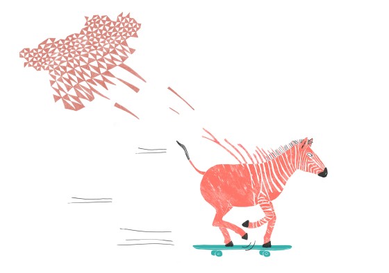 Zebra on skateboard for Oh Marie Magazine issue Dazzled painting by illustrator Ellen Vesters